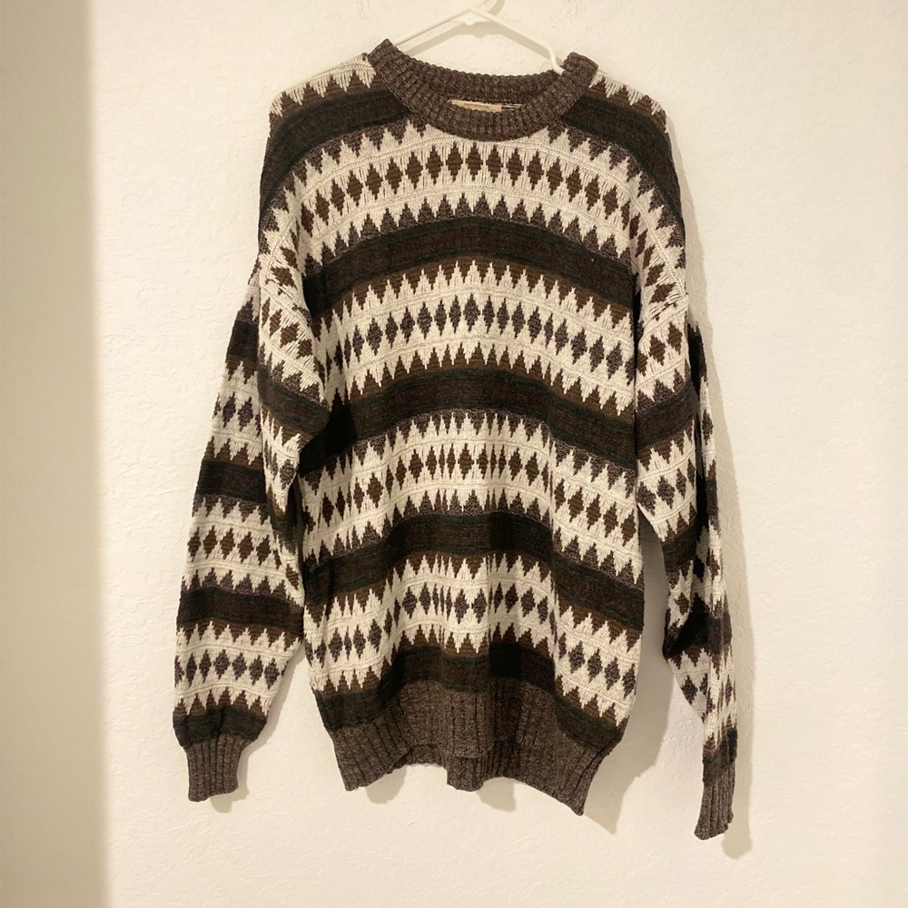 St. John's Bay Men's Geometric Brown and Cream Sweater